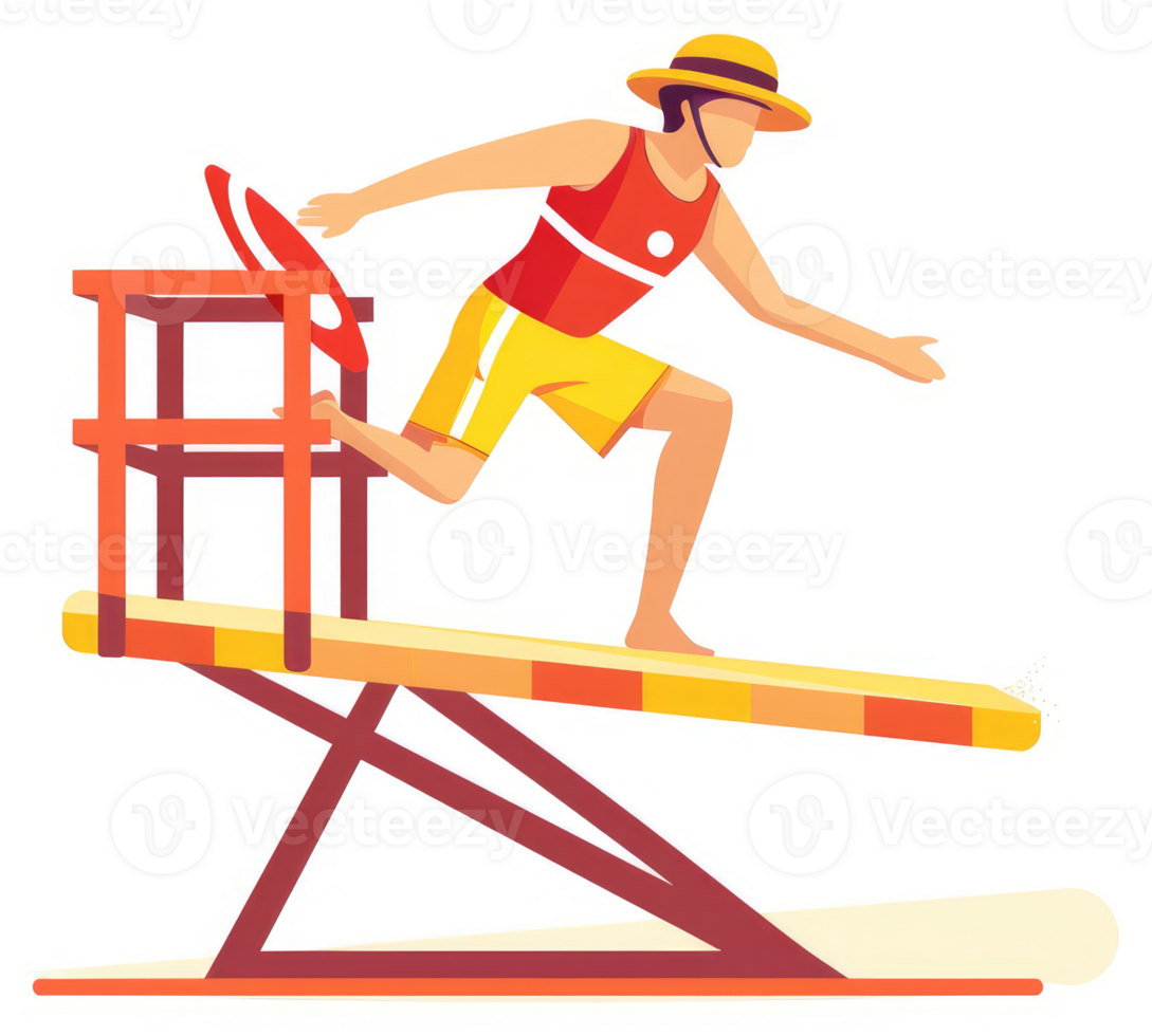 A lifeguard leaping from a beachside diving platform. png