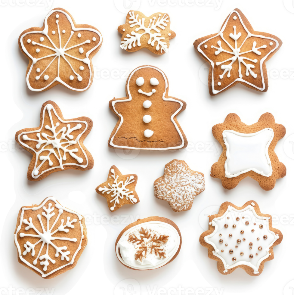 Festive gingerbread cookies decorated with icing designs. png
