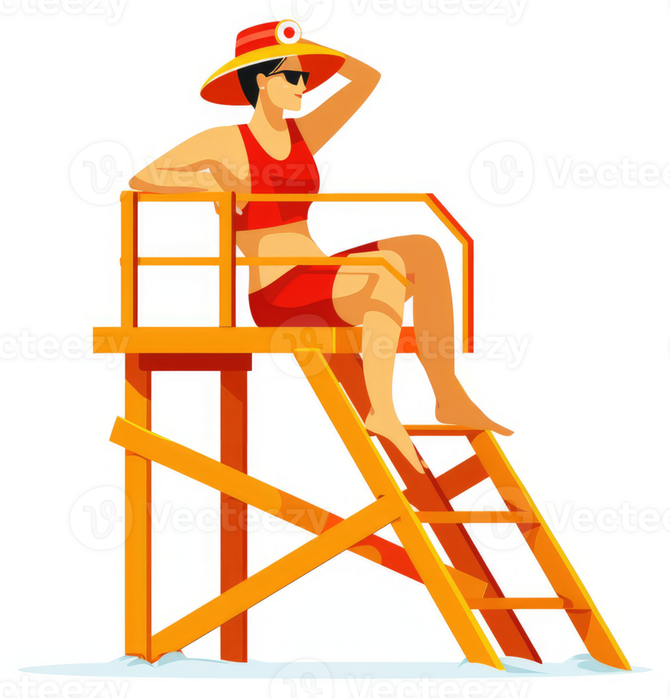 A lifeguard in a bright orange and red lifeguard stand. png