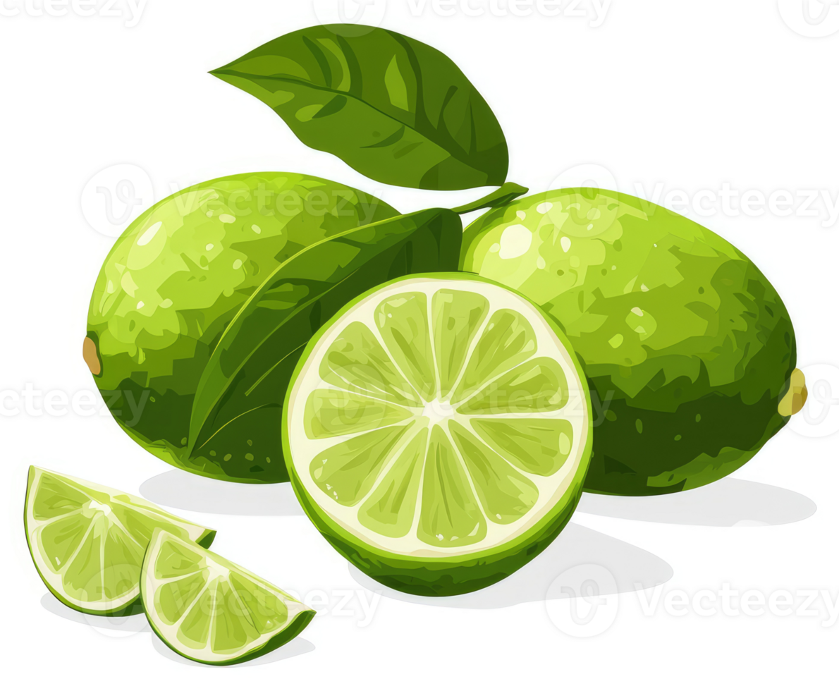 Fresh limes with leaves and slices, a vibrant display of citrus fruit. png