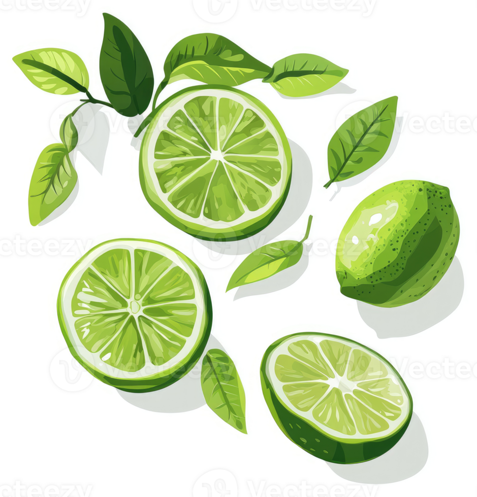 Vibrant sliced limes and leaves on a white background png
