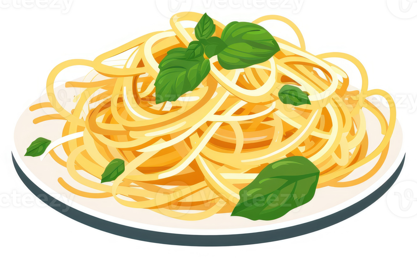 A plate of delicious spaghetti topped with fresh basil. png