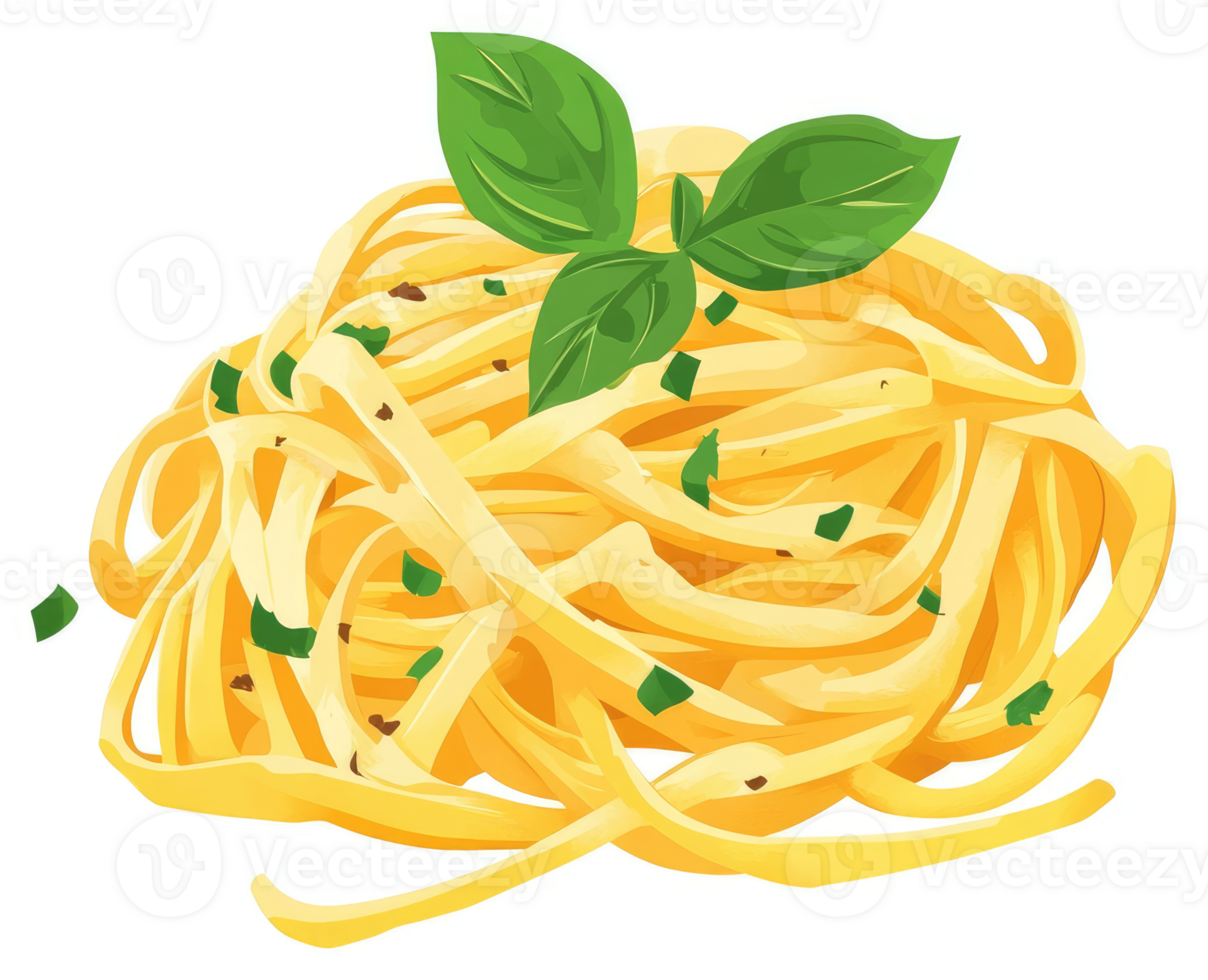 A heap of golden pasta with fresh basil and herbs. png