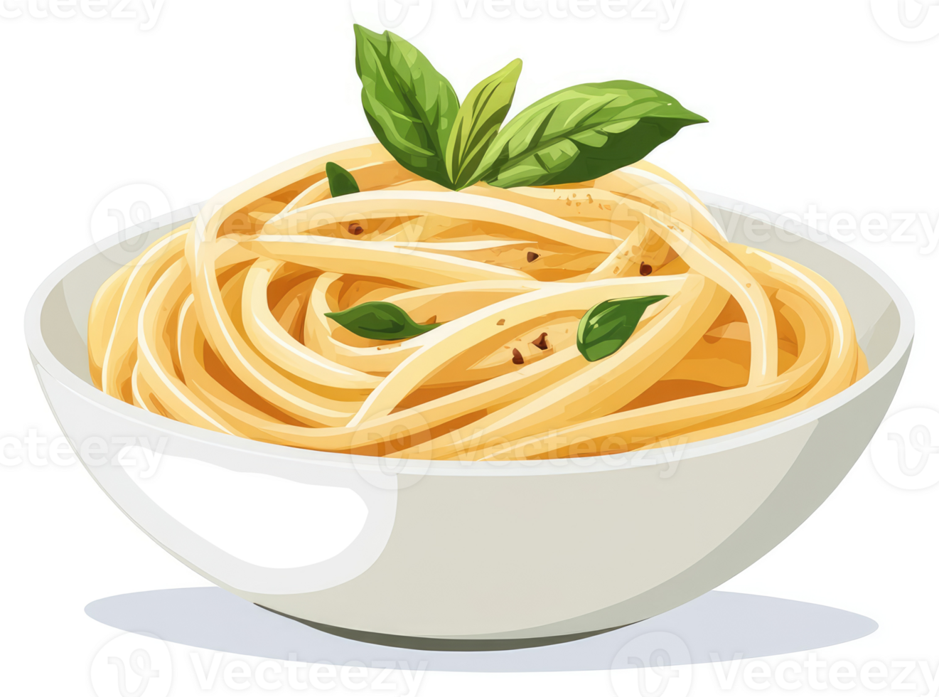 A bowl of creamy spaghetti with fresh basil garnish. png