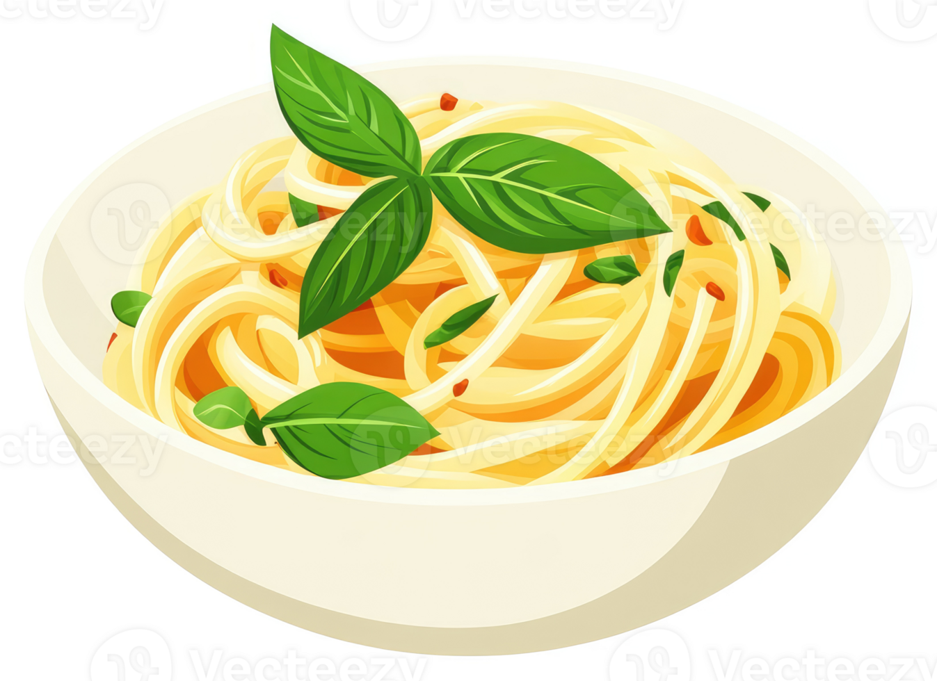 A bowl of garlicky spaghetti with fresh basil leaves. png