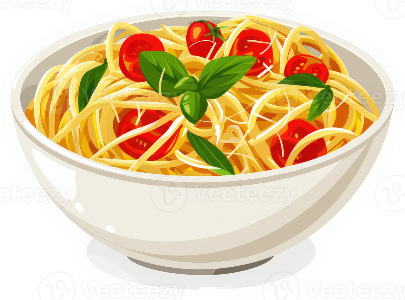 A bowl of delicious spaghetti with cherry tomatoes and basil. png