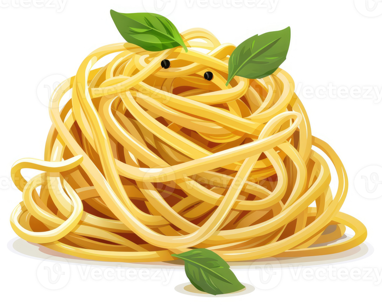 A delectable mound of cooked spaghetti adorned with fresh basil leaves. png