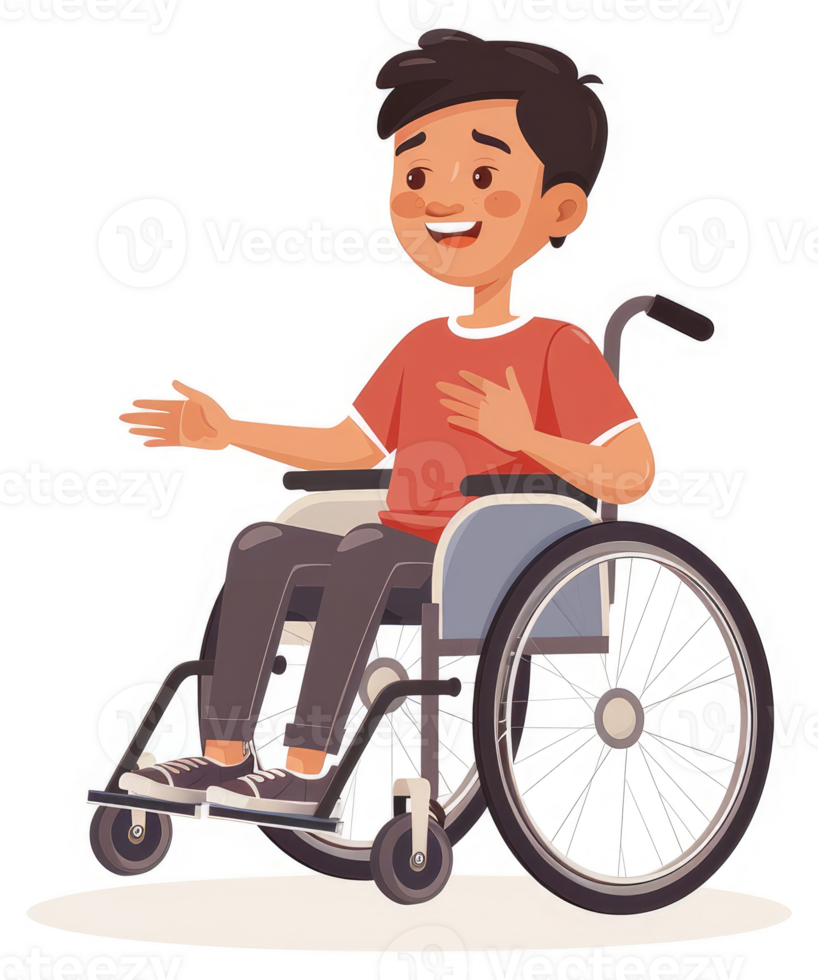 A young person in a wheelchair, smiling and gesturing. png
