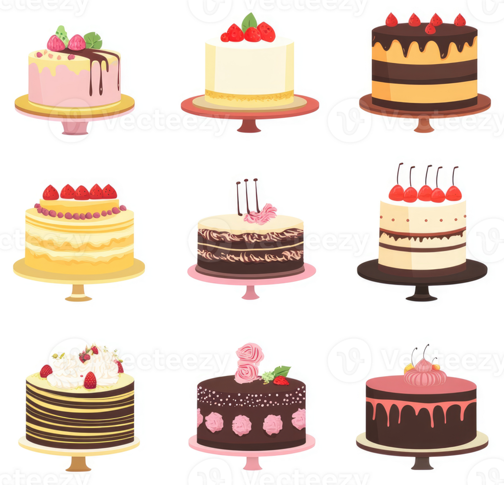 A variety of decorated cakes displayed on tiered stands. png
