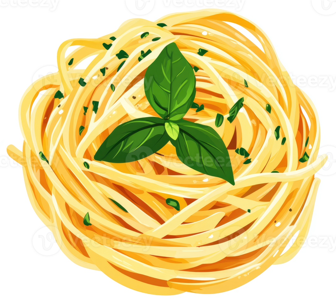A vibrant image of a nest of golden spaghetti topped with fresh basil. png