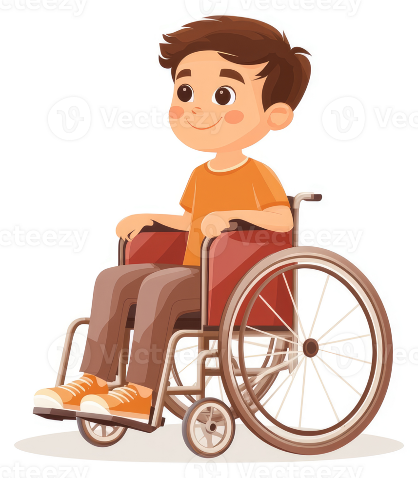 A young boy seated in a wheelchair, looking towards the future. png