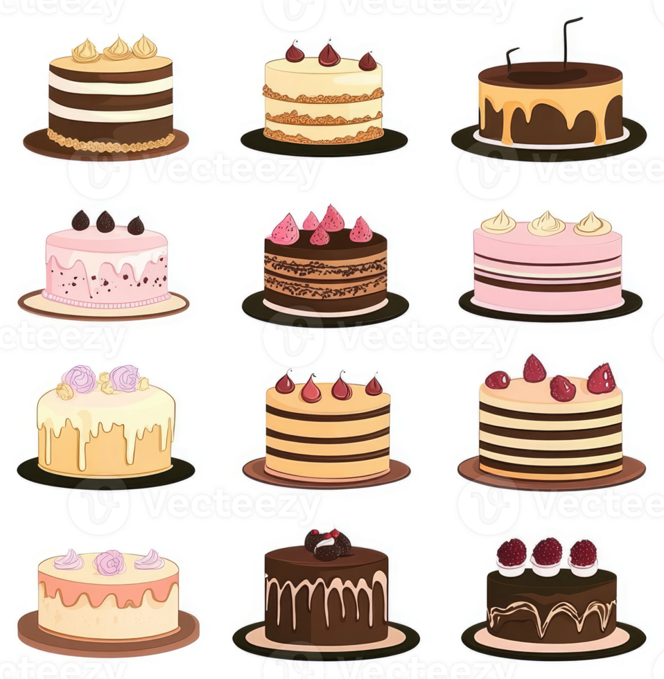 Nine assorted layered cakes with various toppings and frosting. png