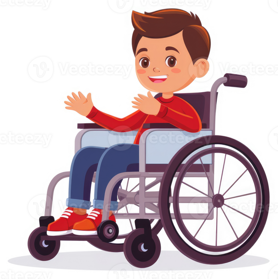 A young boy in a wheelchair with a joyful expression. png