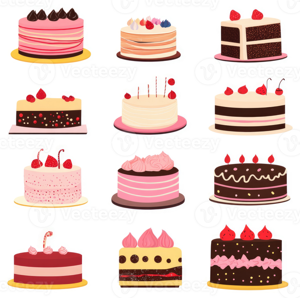 Assorted delicious cakes with various toppings and flavors. png