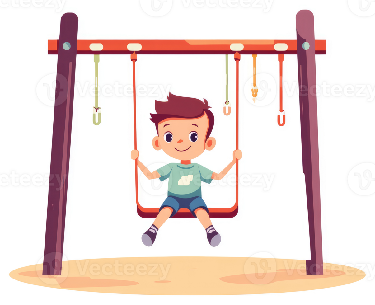 A boy happily swings on a playground swing set. png