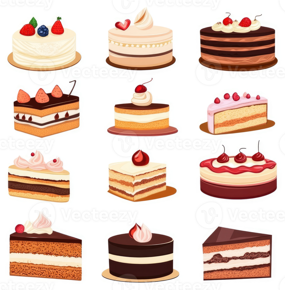 A variety of delicious layered cakes and pastries, showcasing different flavors and designs. png