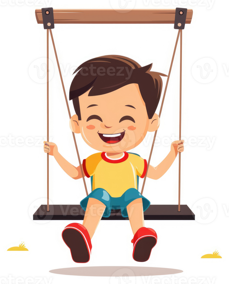 A joyful child swings happily on a wooden swing set. png