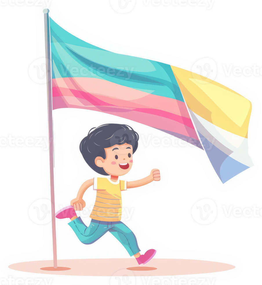 A joyful child runs towards a colorful flag. png