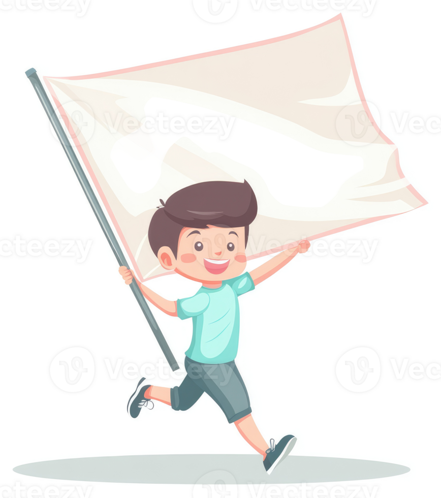 A happy child runs while holding a large blank banner. png