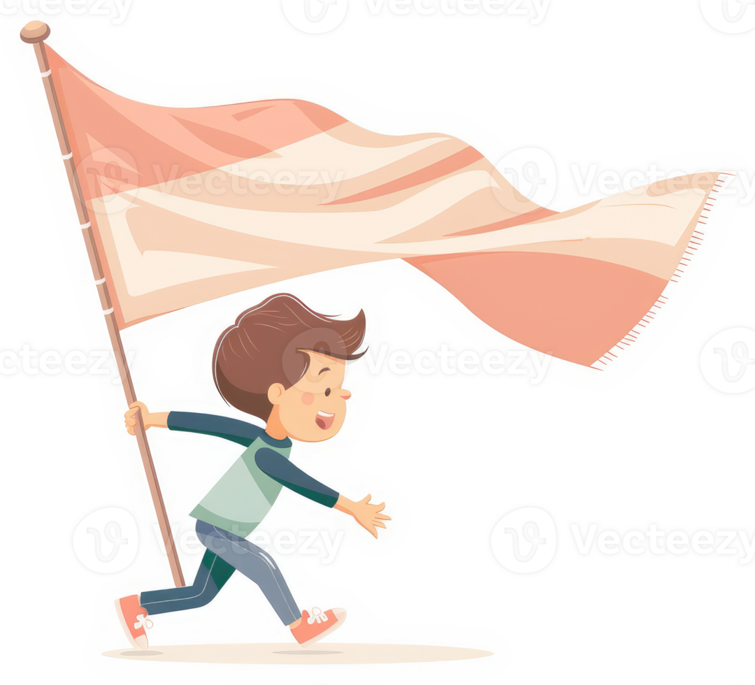 A happy child carries a large flag. png
