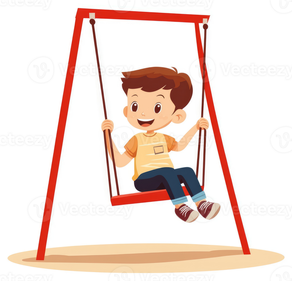 A happy boy swinging joyfully on a red metal swing set. png