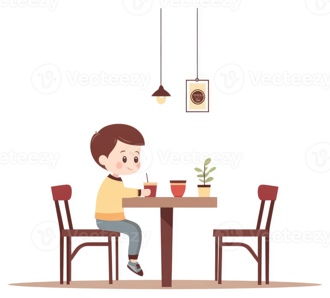 A child enjoys a drink at a cozy cafe. png