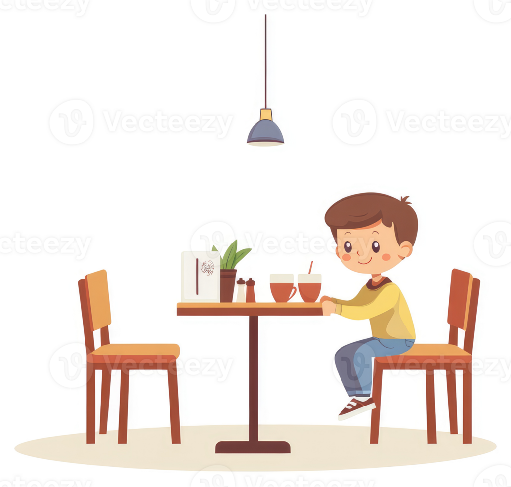 A young boy enjoys a meal at a cozy cafe. png