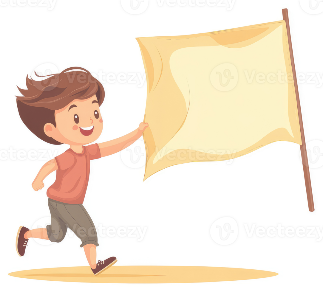A young boy runs while holding a large flag aloft. png