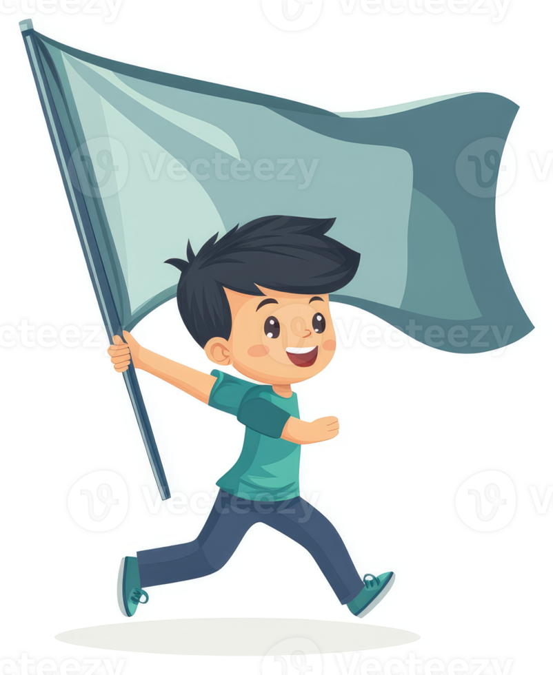 A cheerful child runs with a large flag. png
