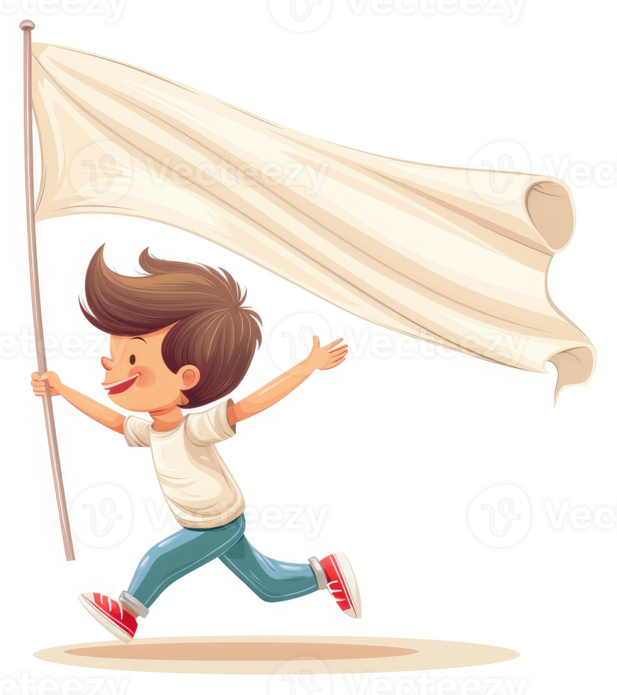 A boy runs with a large blank banner. png