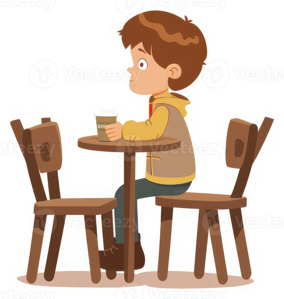 A boy sits at a cafe table, enjoying a drink. png