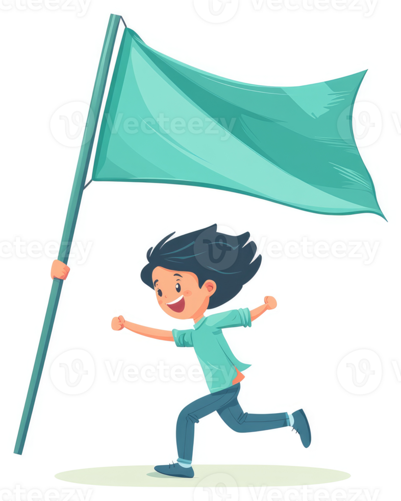 A child runs with a teal flag, symbolizing victory or achievement. png