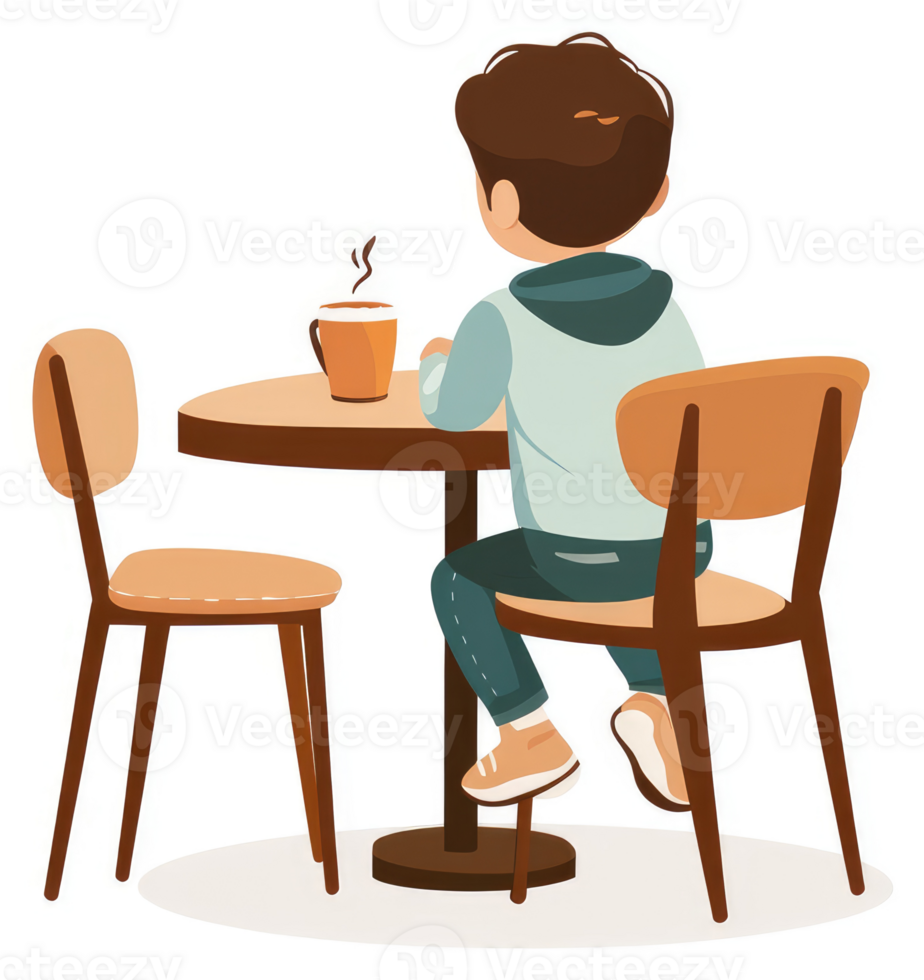 A young person seated alone at a cafe table enjoying a beverage. png