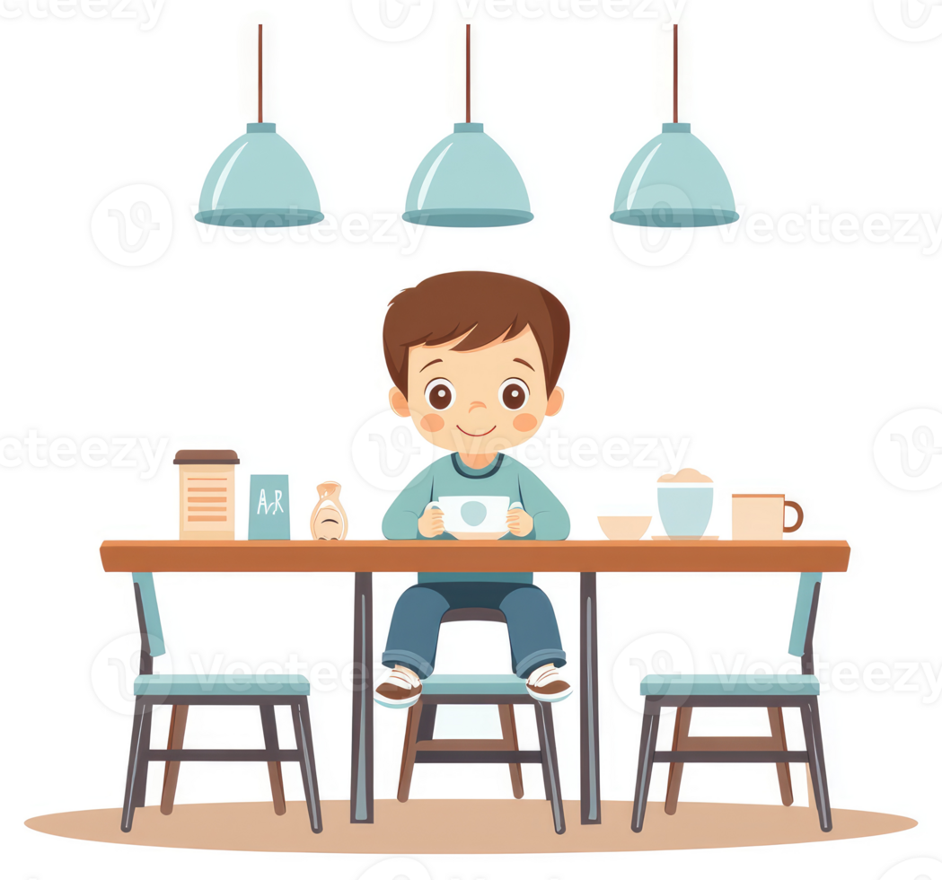 A young boy enjoys a cafe breakfast. png