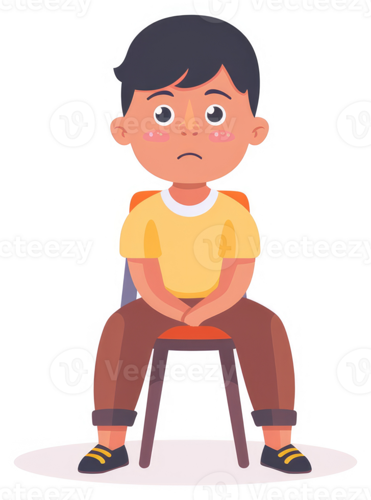 A young boy sits patiently on a stool, displaying a thoughtful expression. png