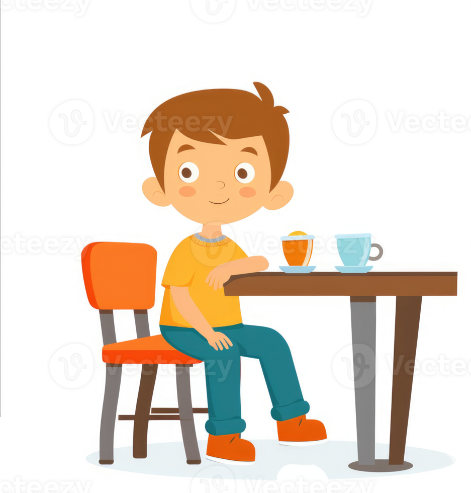 A young boy sits at a table enjoying a drink in a cafe. png