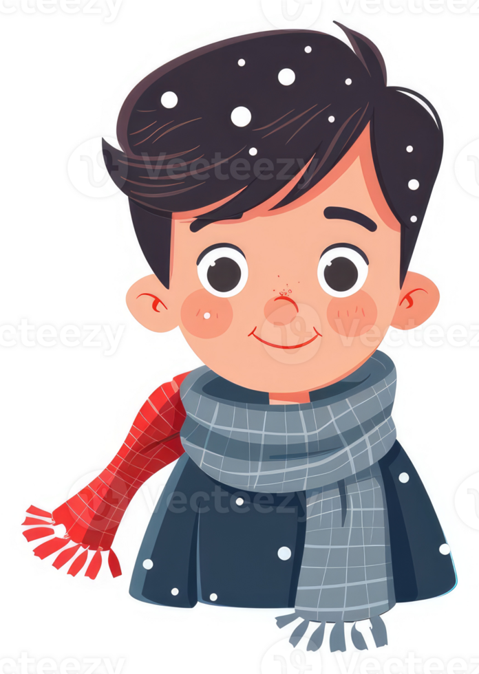 A cheerful cartoon boy in winter attire with snowflakes. png