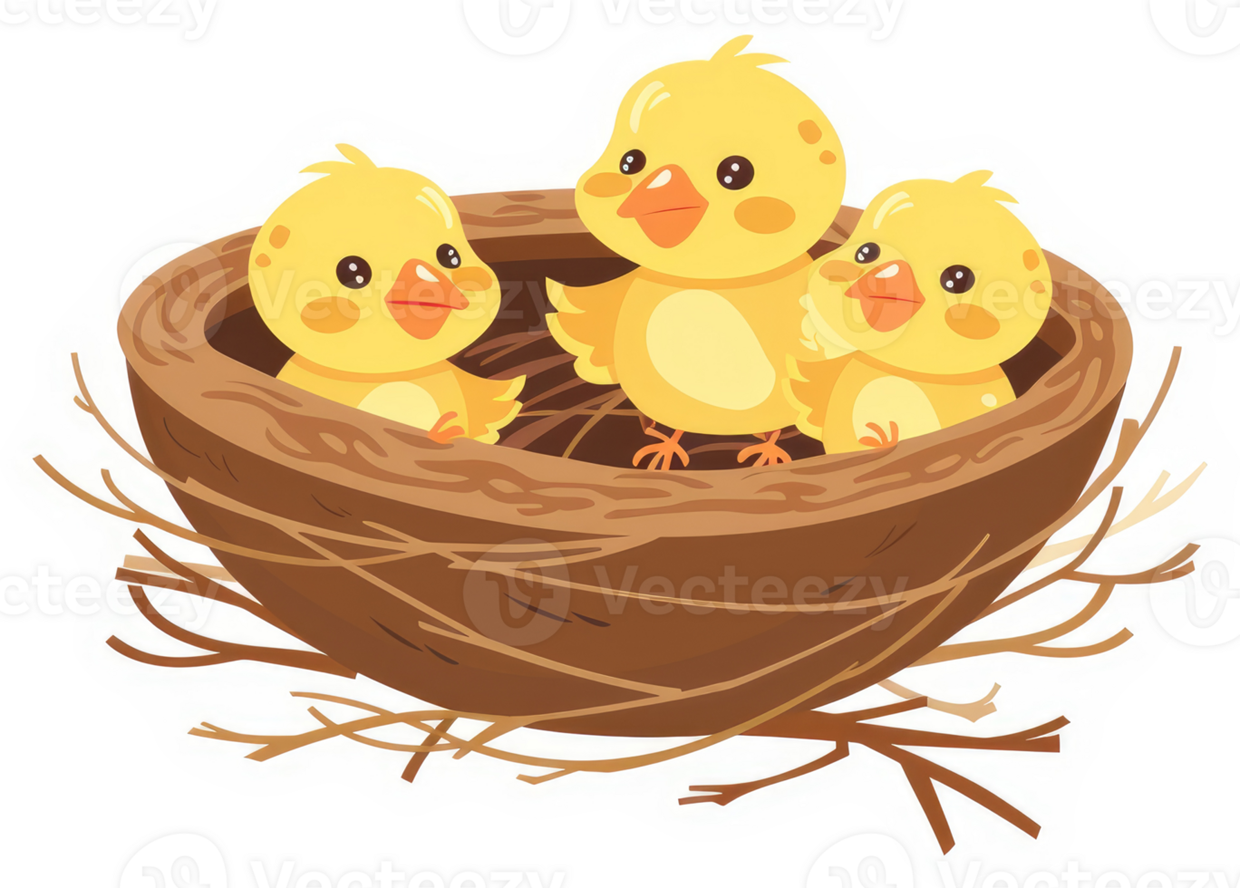 Three yellow chicks nestled in a cozy nest. png
