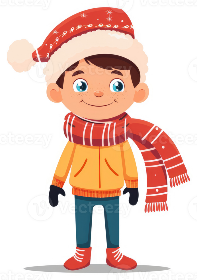 A cheerful cartoon boy dressed warmly for winter. png