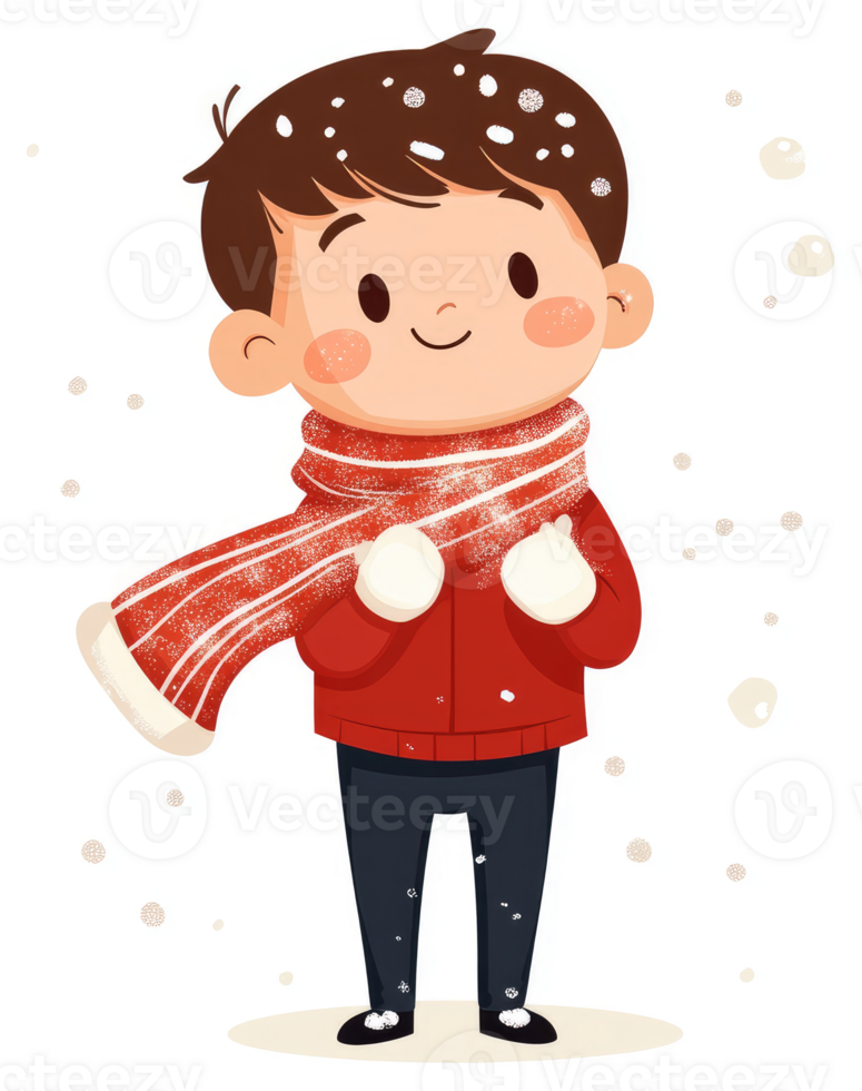 A cheerful cartoon boy in winter clothes enjoying snowfall. png