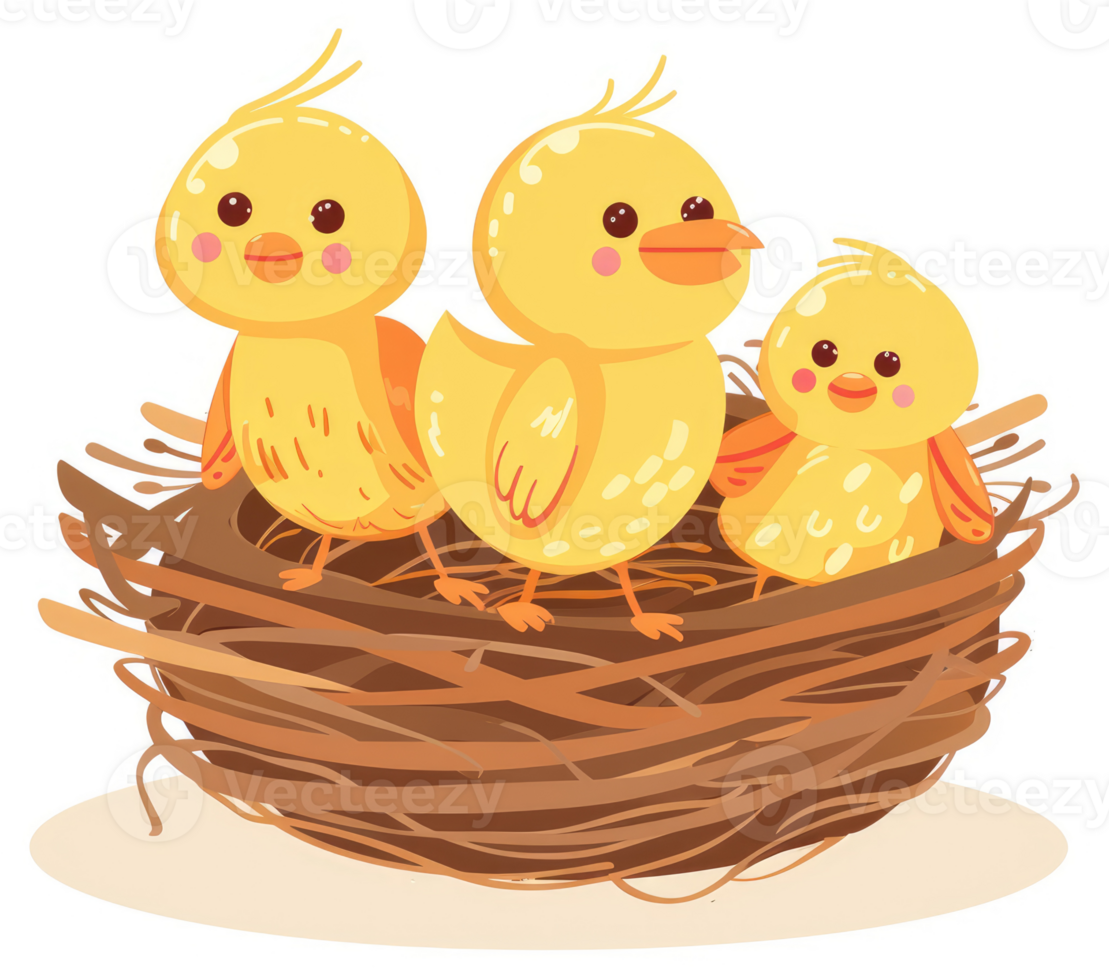 Three yellow chicks nestled in a warm brown nest. png