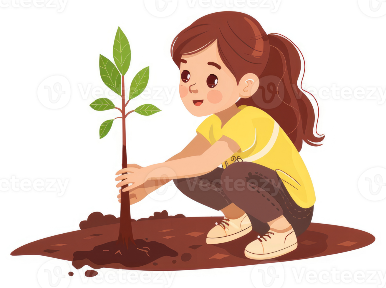 A young girl plants a sapling in the earth. png