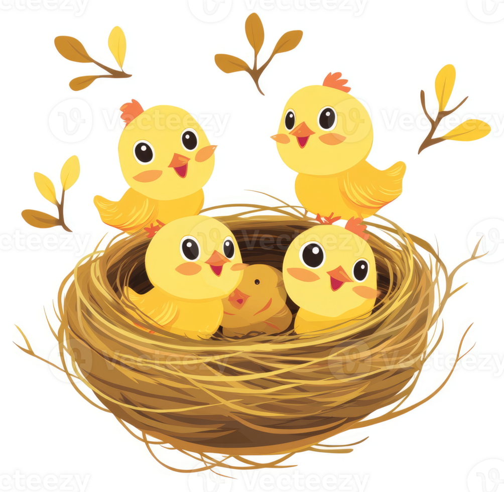 Four cheerful baby chicks nestled in a cozy nest. png
