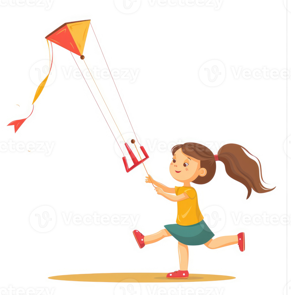 A young girl joyfully flies a colorful kite on a sunny day. png
