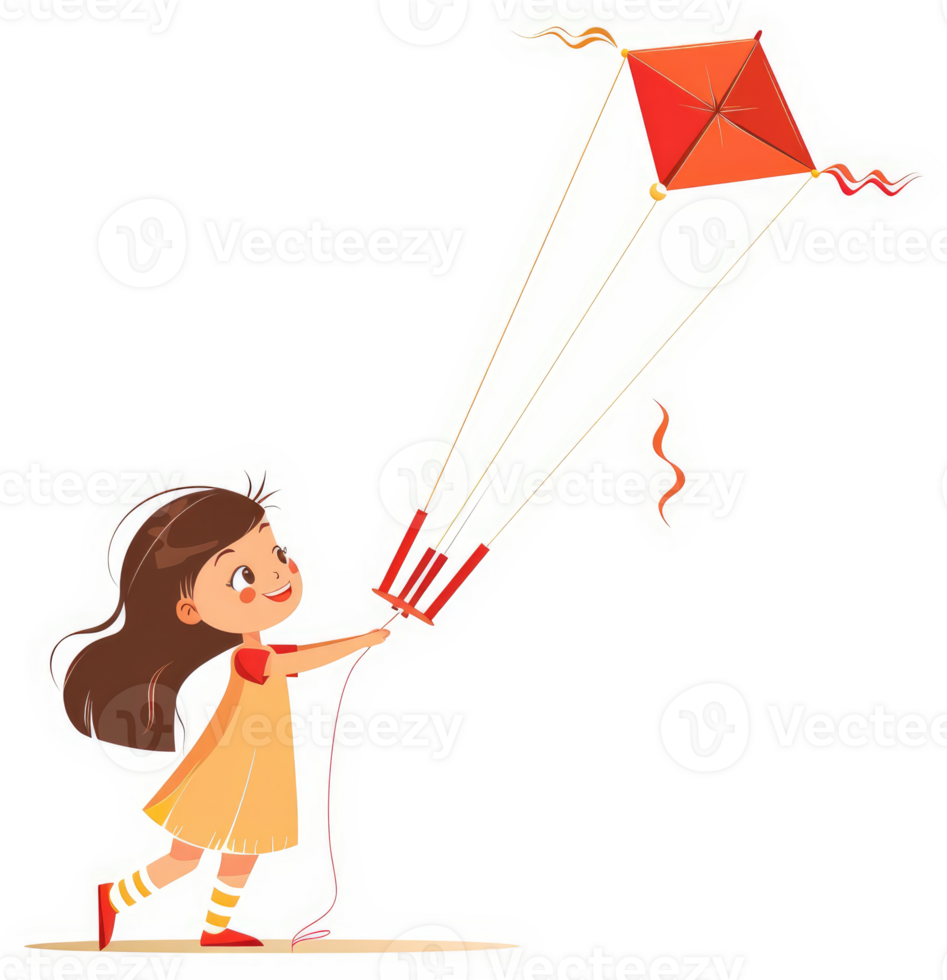 A young girl with a red kite in the sky. png