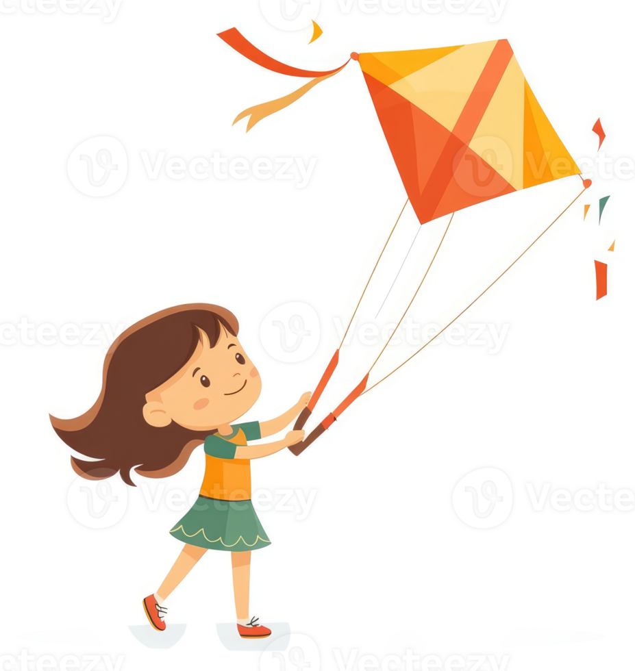 A young girl joyfully flying a vibrant kite in the wind. png