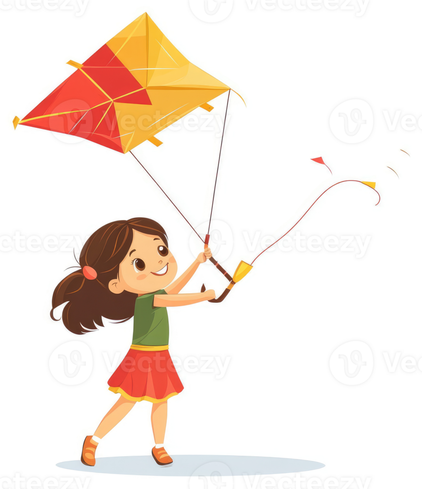 A young girl joyfully flying a colorful kite in the sky. png