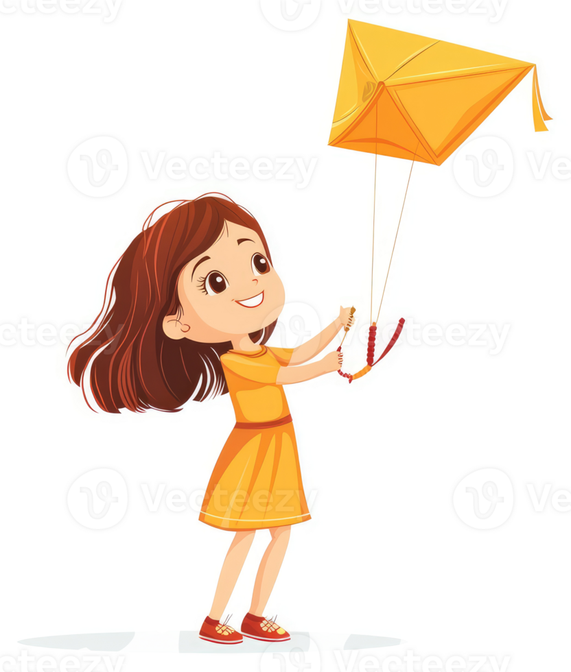 A cheerful girl enjoys flying a bright yellow kite. png