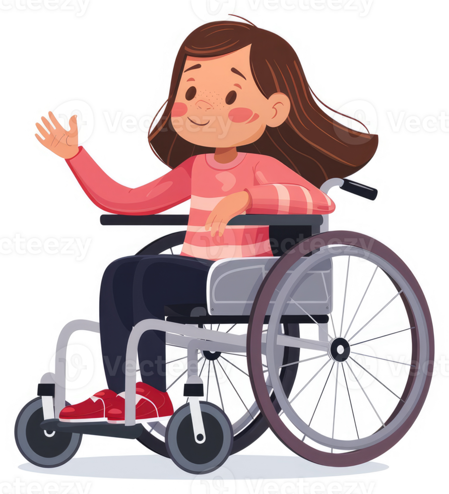 A friendly girl in a wheelchair, waving hello. png