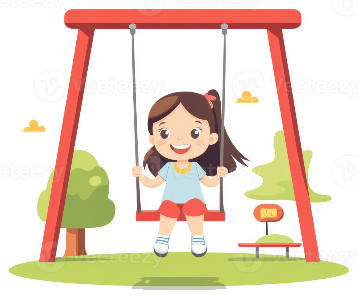 A happy girl enjoying a swing set in a park. png